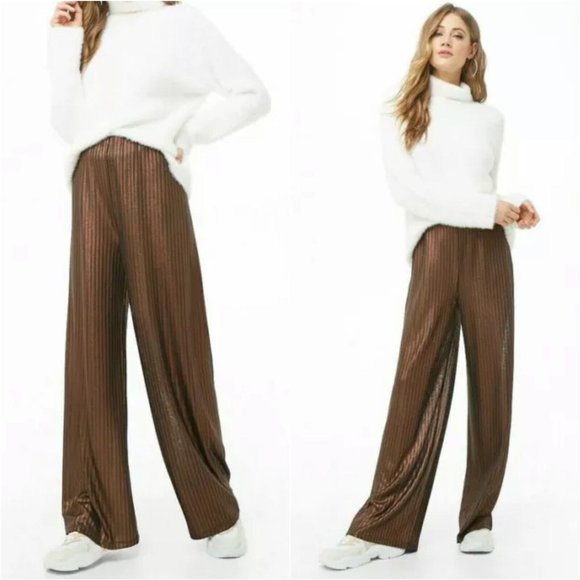 Forever 21 Pants - Forever 21 Pants Bronze Metallic Black Ribbed Pull On Wide Leg